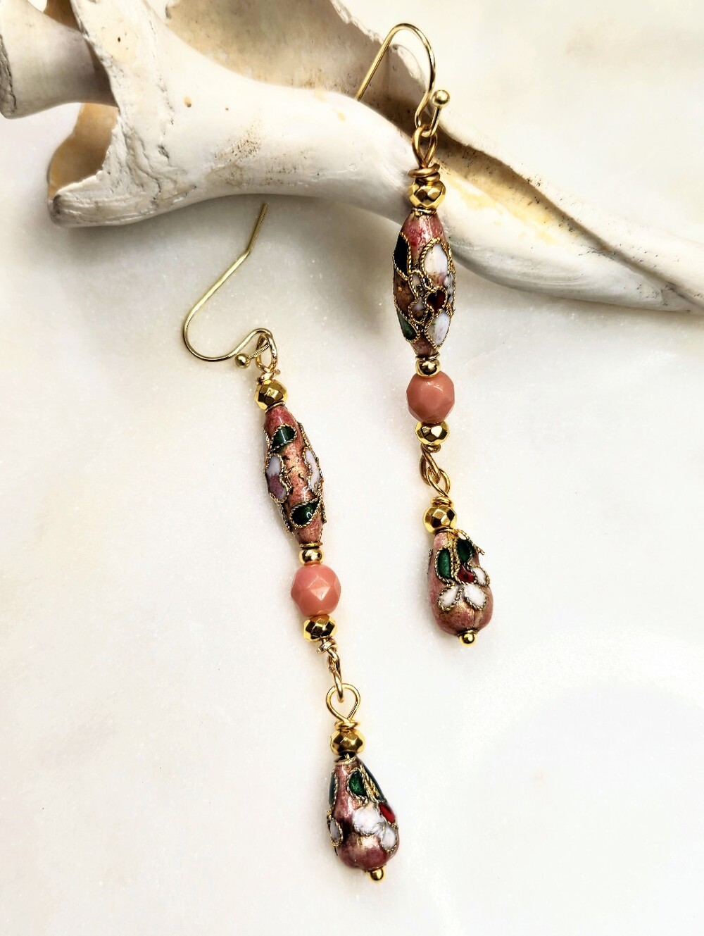 Coral Pink Cloisonne Enamel Ornate & Dainty Thin Drop Earrings
